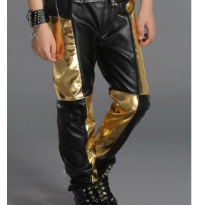 Black and gold black and red patchwork long length boys girls kids children stage  stage performance jazz hip hop drummers play dancing pants trousers